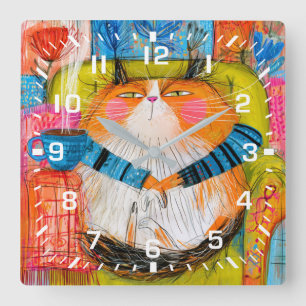 Horloge Carrée Chat tigré orange suffisant buvant du café