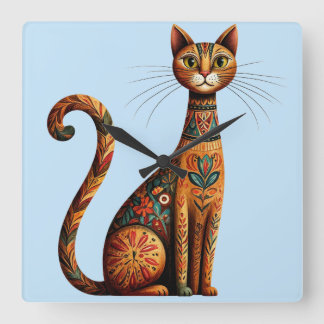 Horloge Carrée Chat tribal boho mignon art folklorique avec des f