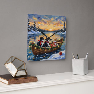 Horloge Carrée Chat Tuxedo Noël Bateau Fêtes