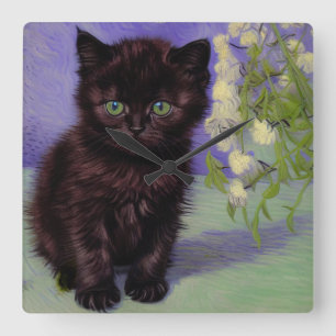 Horloge Carrée Chat Van Gogh avec fleurs blanches