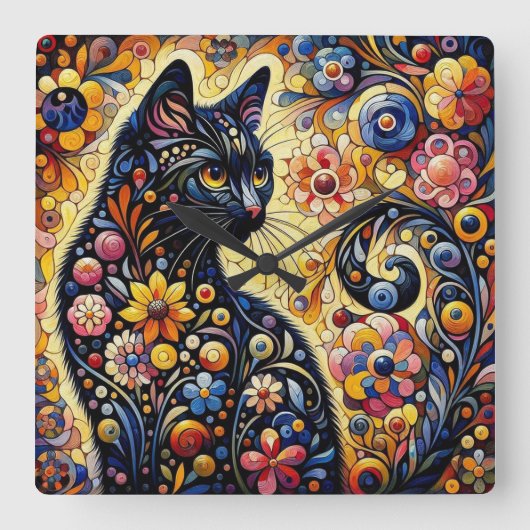 Horloge Carrée Chat Whimsical Noir Abstrait peinture florale Art (Recto)