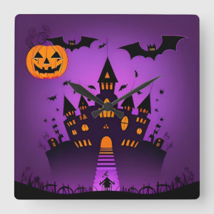Horloge Carrée Château Hanté Avec Chauves-Souris Citrouilles