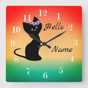 Horloge Carrée Chaton noir mignon dégradé corail bleu backgrou