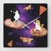 Horloge Carrée Chats amusants faisant de la pizza dans l'espace (Recto)