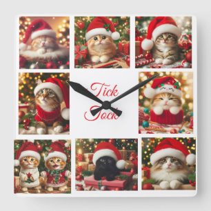 Horloge Carrée Chats Avec Casquettes De Noël Rouge /Mignonne /Hor