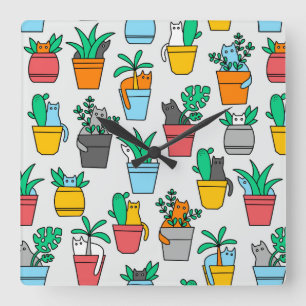 Horloge Carrée Chats dans les pots à fleurs