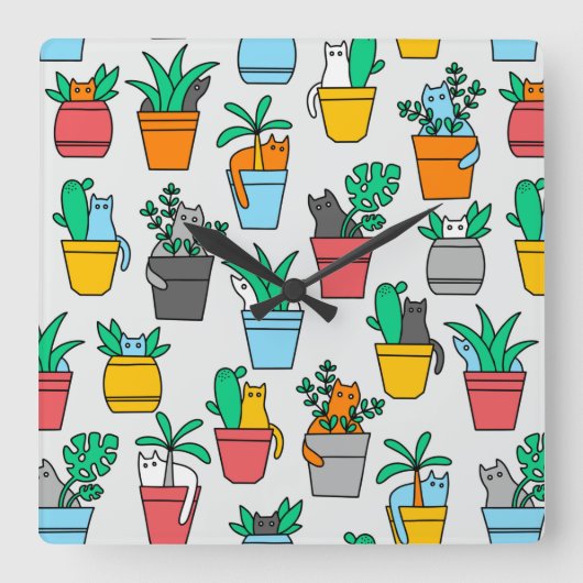 Horloge Carrée Chats dans les pots à fleurs (Recto)