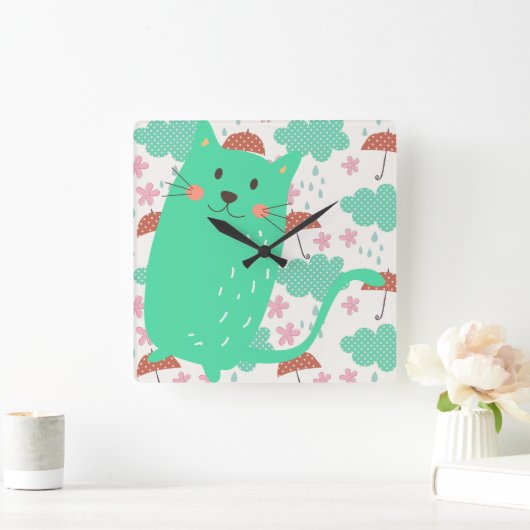 Horloge Carrée Chats en pluie (Maison)