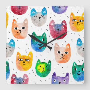 Horloge Carrée Chats et amis à l'aquarelle