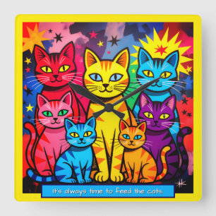 Horloge Carrée [Chats Fantaisistes] Moderne Art Pop Coloré