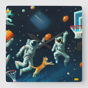 Horloge Carrée Chats jouant au basket-ball dans l'espace avec des