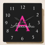 Horloge Carrée Chaud rose noir Script Girl Nom du monogramme<br><div class="desc">Horloge du nom du monogramme rose et noir chaud. Cela rend le cadeau parfait pour 16 ans,  mariage,  douche nuptiale,  anniversaire,  baby shower ou bachelorette pour quelqu'un qui aime le luxe glam et les styles chic.</div>