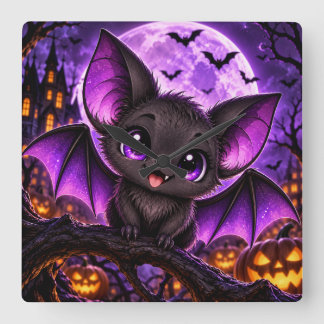 Horloge Carrée Chauve-souris gothique violette mignonne Halloween