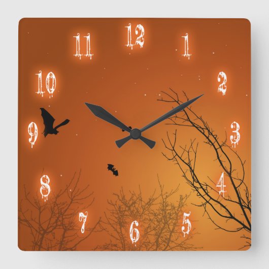 Horloge Carrée Chauves-souris et arbres d'Halloween (Recto)