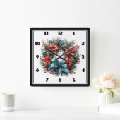 Horloge Carrée Chemise d'aquarelle de Noël avec Holly (Maison)