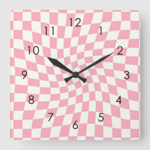 Horloge Carrée Chèques Retro Pastel Rose À damiers Dorm déformés