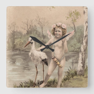 Horloge Carrée Cherub vintage avec cigogne près du lac