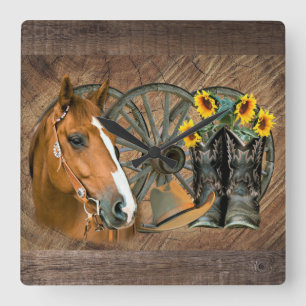 Horloge Carrée Cheval Boot Boots Wagon Wheels Sunflower Western
