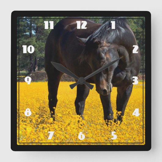 Horloge Carrée Cheval de baie dans un champ de fleurs jaunes (Recto)