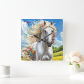 Horloge Carrée Cheval et fleurs (Maison)