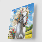 Horloge Carrée Cheval et fleurs (Angle)