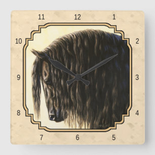 Horloge Carrée Cheval friésien Noir Beige