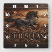 Horloge Carrée Cheval gravé courant à travers le champ de blé (Recto)