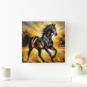 Horloge Carrée Cheval noir traversant l'eau au coucher du soleil (Maison)