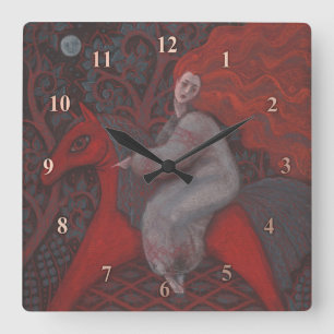 Horloge Carrée "Cheval Rouge", femme rousse, imaginaire art surré