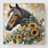 Horloge Carrée Cheval Tournesols Rustiques (Recto)