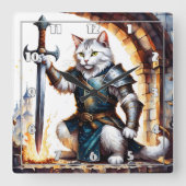 Horloge Carrée Chevalier de chat brave en armure avec épée (Recto)