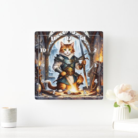 Horloge Carrée Chevalier de Chat Brave Forger des épées dans Forg (Maison)