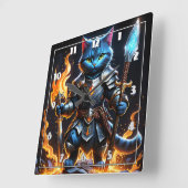 Horloge Carrée Chevalier félin brave dans un Imaginaire de feu (Angle)