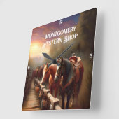 Horloge Carrée Chevaux accrochés à un rail (Angle)