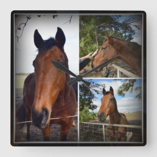 Horloge Carrée Chevaux Bruns Dans Un Collage De Photos,