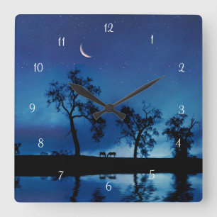 Horloge Carrée Chevaux et étoiles lunaires Fantastique Beau
