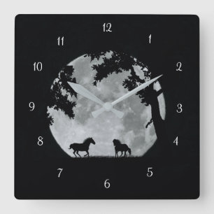 Horloge Carrée Chevaux Jouant au Clair de Lune Fantastique
