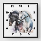 Horloge Carrée Chevaux noir et blanc en aquarelle (Recto)