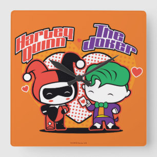 Horloge Carrée Chibi Harley Quinn & Chibi Joker Coeurs