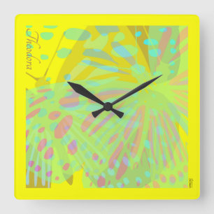 Horloge Carrée Chic Abstrait Papillon Or Violet Jaune