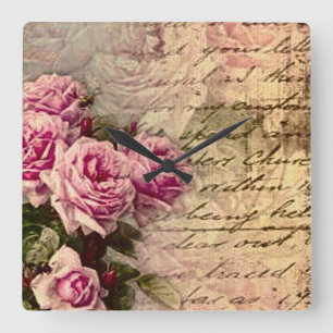 Horloge Carrée chic country français, chic shabby, roses roses r