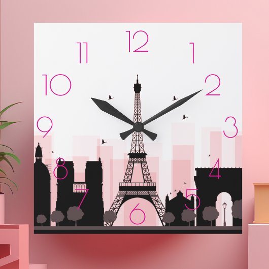 Horloge Carrée Chic PARIS Tour Eiffel Skyline rose moderne