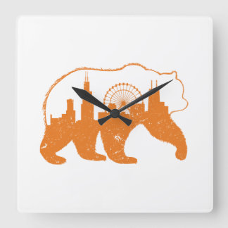 Horloge Carrée Chicago City Vêtement Downtown Walking Bear Silhou