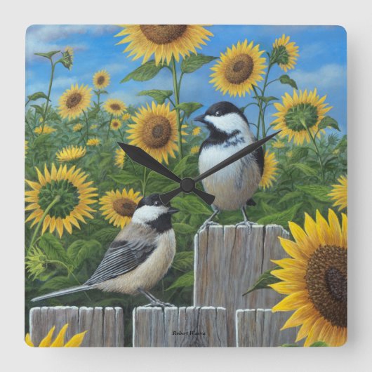Horloge Carrée Chickadees and Sunflowers Wall Clock (Recto)
