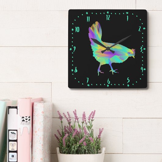 Horloge Carrée Chicken Time Cute Colourful