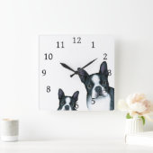 Horloge Carrée Chien 128 noir blanc Boston Terrier (Maison)