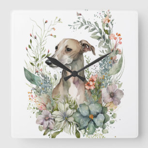 HORLOGE CARRÉE CHIEN À BORD D'EAU AVEC FLEUR SAUVAGE