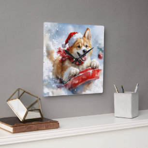 Horloge Carrée Chien Akita dans un traîneau Laissez tomber la nei