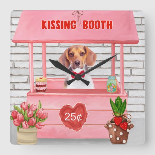 Horloge Carrée Chien beagle Valentine's Day Kissing Booth (Recto)