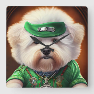 Horloge Carrée Chien Bichon Frisé conduisant un vélo pour la Sain